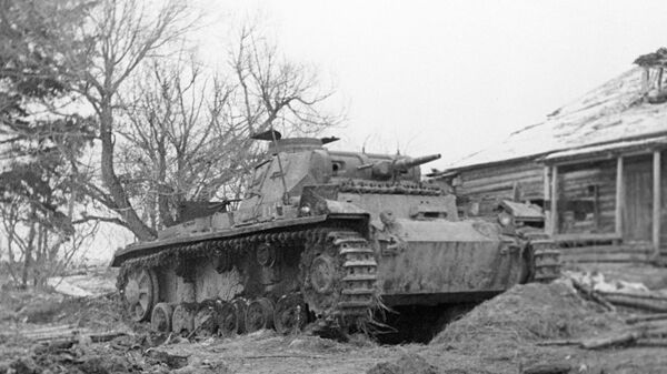 Оборона Москвы. Разгромленная гитлеровская танковая часть у деревни Скирманово. Ноябрь 1941 года