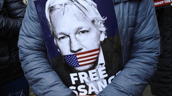 Плакат в руках активиста во время акции в поддержку Джулиана Ассанжа около здания Вестминистерского Суда в Лондоне