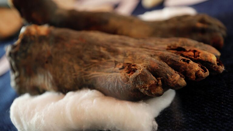 Ступни мумии, найденные в результате раскопок в Долине Обезьян возле Долины Царей в Луксоре