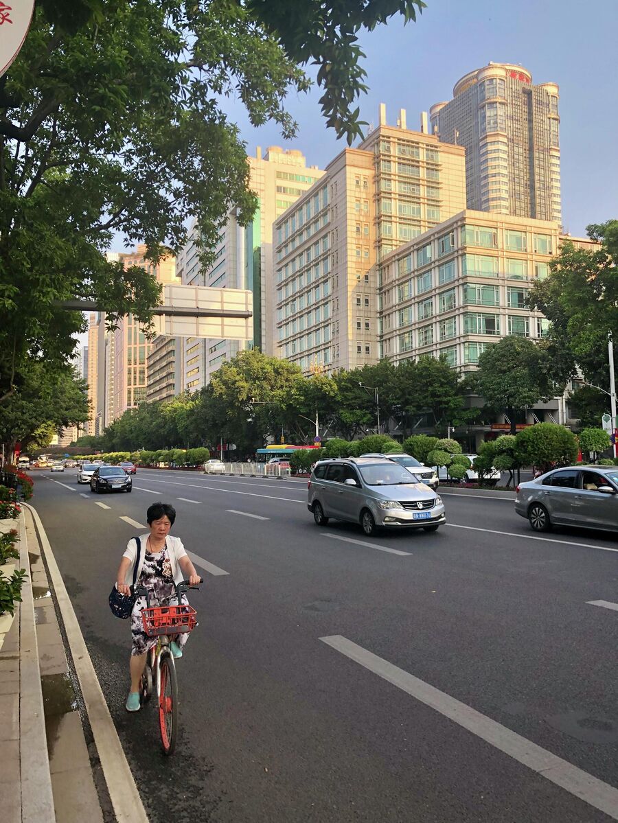 Местная жительница едет по дороге, Гуанчжоу, Китай