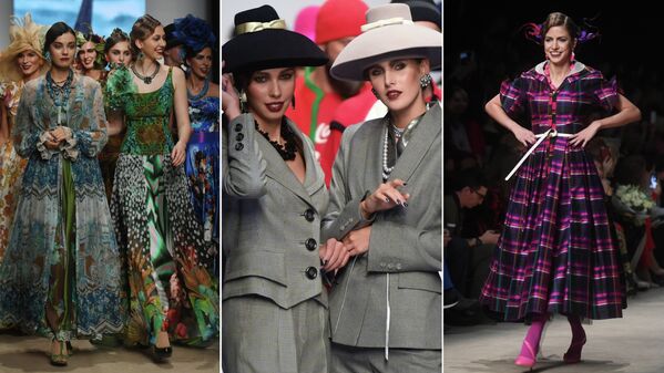 Модели демонстрируют одежду из коллекции дизайнера Славы Зайцева Москва и москвичи на площадке Mercedes-Benz Fashion Week Russia в Центральном выставочном зале Манеж в Москве