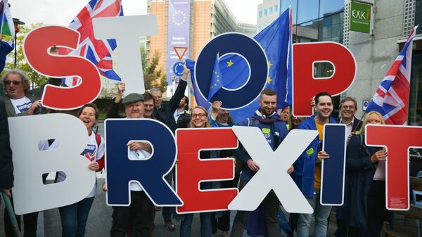 Участники акции сторонников Brexit в Брюсселе, где проходит саммит ЕС
