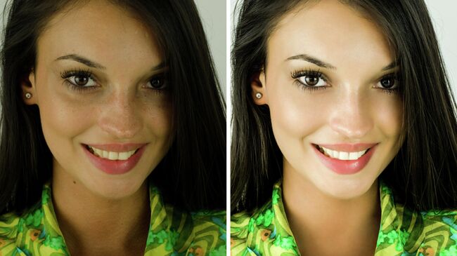 Портрет девушки до и после ретуширования в фотошопе
