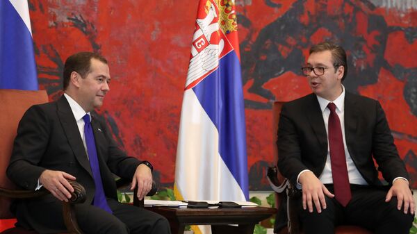 Дмитрий Медведев и президент Сербии Александр Вучич во время встречи в Белграде