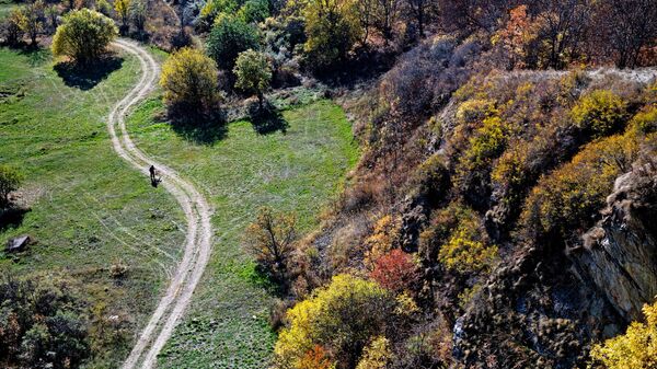Человек прогуливается по дороге близ озера Севан в Армении