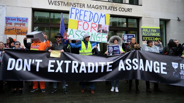 Протестующие против экстрадиции основателя Wikileaks Джулиана Ассанжа проводят акцию у магистратского суда лондонского района Вестминстер. 21 октября 2019
