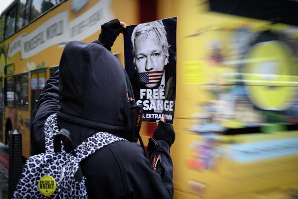 Участник акции против преследования основателя Wikileaks Джулиана Ассанжа в Лондоне