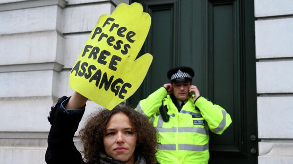 Участница акции против преследования основателя Wikileaks Джулиана Ассанжа у магистратского суда лондонского района Вестминстер