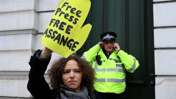 Участница акции против преследования основателя Wikileaks Джулиана Ассанжа у магистратского суда лондонского района Вестминстер