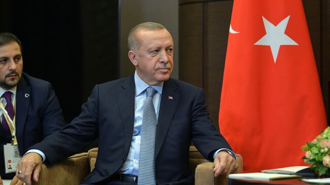  Президент Турции Реджеп Тайип Эрдоган во время встречи с президентом РФ Владимиром Путиным
