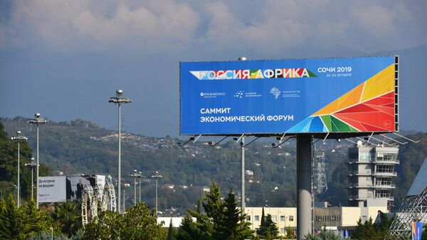 Щит с символикой экономического форума и саммита Россия – Африка на улице Сочи