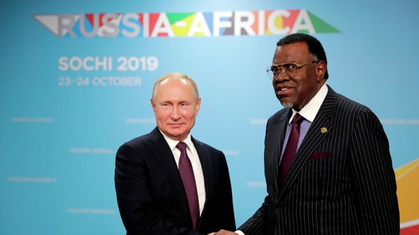 Президент РФ Владимир Путин и президент республики Намибии Хаге Готфрид Гейнгоб во время встречи на полях саммита Россия - Африка