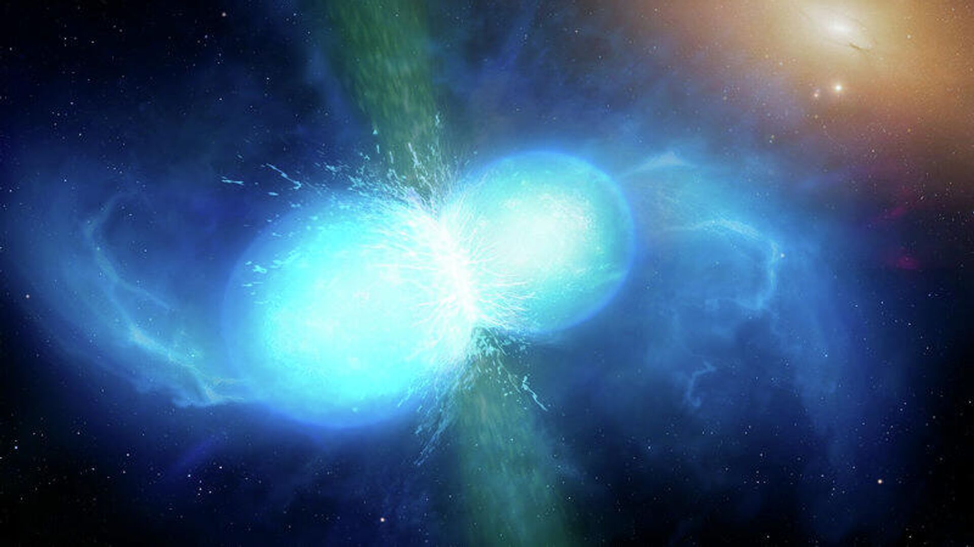 Так в представлении художника выглядит слияние двух небольших, но очень плотных нейтронных звезд. В точке слияния они взрываются как килонова - РИА Новости, 1920, 23.10.2019