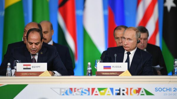 Президент РФ Владимир Путин и сопредседатель саммита президент Арабской республики Египет Абдель Фаттах ас-Сиси на первом пленарном заседании саммита Россия - Африка
