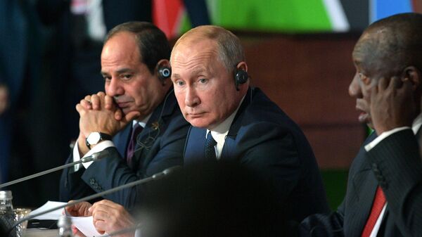 Президент РФ Владимир Путин и сопредседатель саммита президент Арабской республики Египет Абдель Фаттах ас-Сиси на втором пленарном заседании саммита Россия - Африка