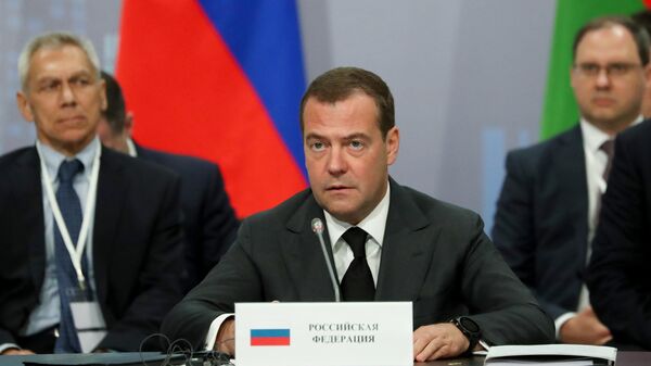 Председатель правительства РФ Дмитрий Медведев выступает на заседании Евразийского межправительственного совета в расширенном составе