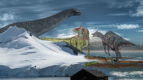 Так в представлении художника проявляется далекое прошлое Антарктиды, населенной больше 200 миллионов лет назад динозаврами