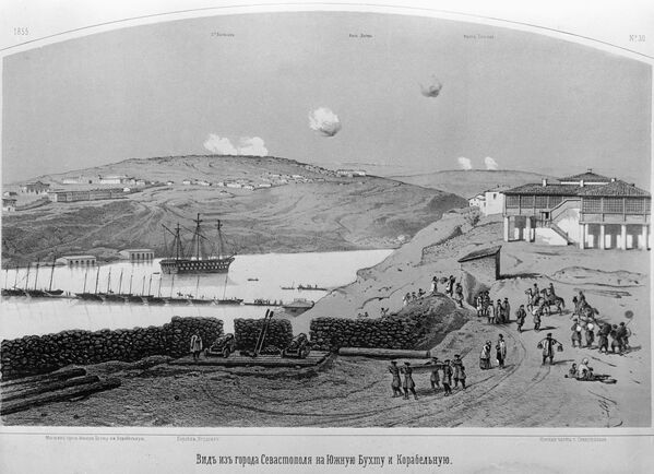 рисунка с видом Южной бухты города Севастополя, во время Крымской войны 1853-53 гг.