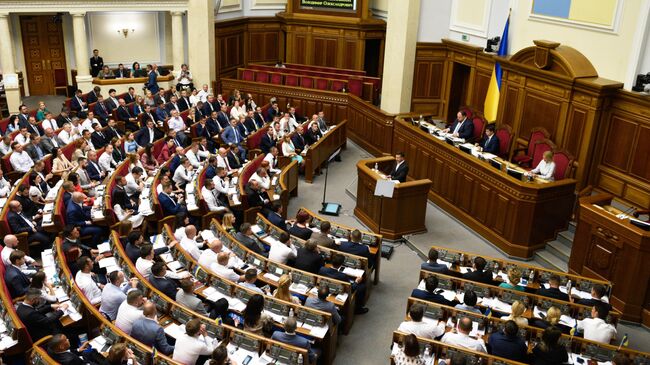 Президент Украины Владимир Зеленский выступает на первом заседании девятого созыва Верховной рады Украины в Киеве