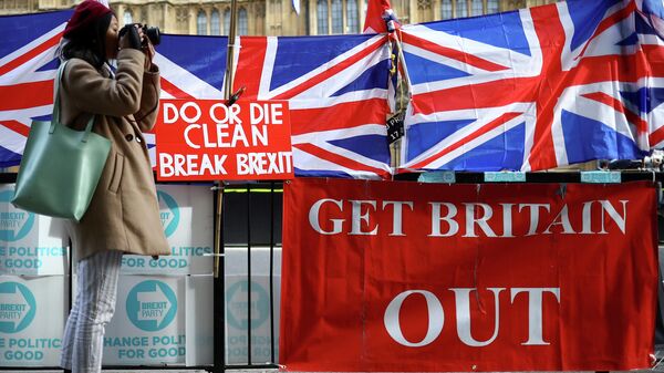 Плакаты сторонников Brexit у здания Парламента в Лондоне 