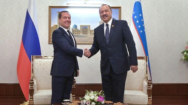 Председатель правительства РФ Дмитрий Медведев и премьер-министр Узбекистана Абдулла Арипов во время встречи в аэропорту Ташкента