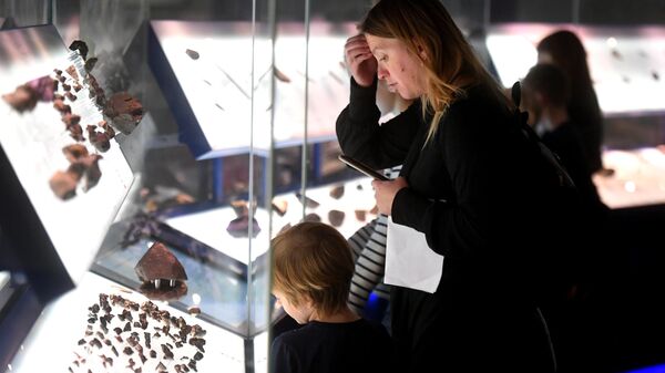 Посетили рассматривают одну из витрин с метеоритной коллекцией в музее Урании Московского планетария