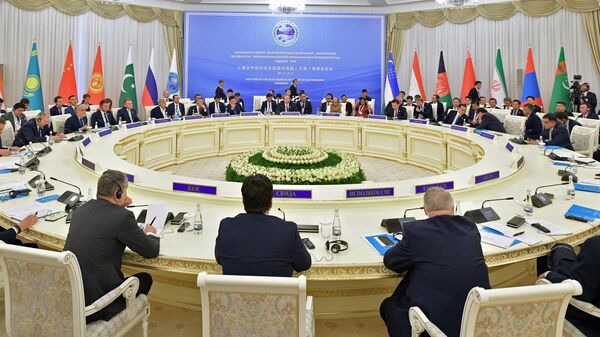 Председатель правительства РФ Дмитрий Медведев на заседании Совета глав правительств государств - членов ШОС в Ташкенте. 2 ноября 2019