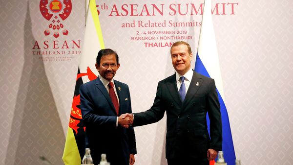Председатель правительства РФ Дмитрий Медведев и султан Брунея Хассанал Болкиах во время встречи в рамках делового инвестиционного саммита АСЕАН-2019 в Бангкоке