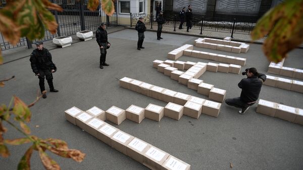 Коробки с подписями украинцев в поддержку проведения референдума о вступлении Украины в систему коллективной безопасности НАТО у здания администрации президента