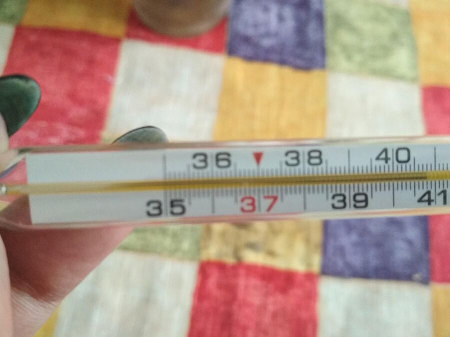 Фотография градусника с температурой 38 в руке