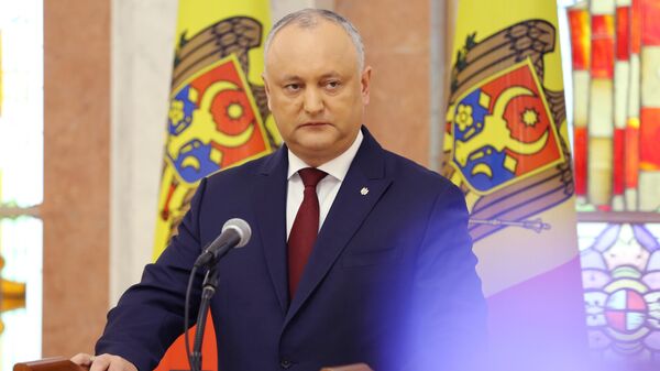 Президент Молдавии Игорь Додон во время брифинга в Кишиневе