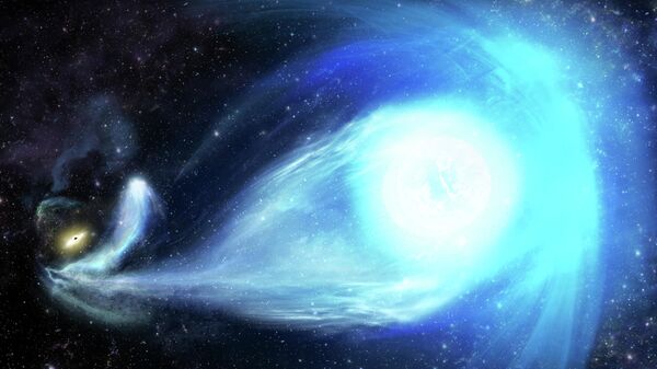 Так в представлении художника выглядит сверхбыстрая звезда S5-HVS1, выброшенная черной дырой Стрелец А* в центре Млечного Пути. В левом углу видна галактика с черной дырой в центре и бинарный компаньон звезды S5-HVS1