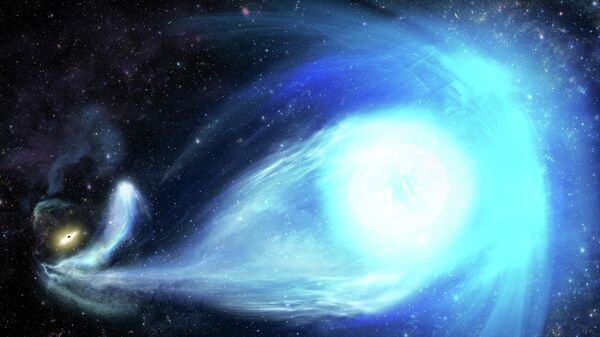 Так в представлении художника выглядит сверхбыстрая звезда S5-HVS1, выброшенная черной дырой Стрелец А* в центре Млечного Пути. В левом углу видна галактика с черной дырой в центре и бинарный компаньон звезды S5-HVS1
