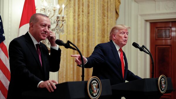 Президент США Дональд Трамп на совместной пресс-конференции с Реджепом Тайипом Эрдоганом по итогам переговоров в Вашингтоне. 13 ноября 2019