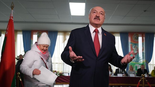 Президент Белоруссии Александр Лукашенко дает интервью после голосования на выборах депутатов Палаты представителей Национального собрания Белоруссии