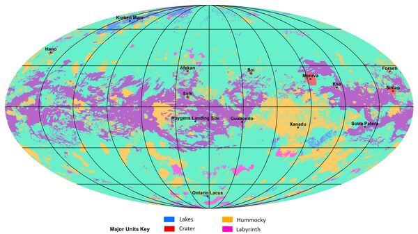 Первая полная геоморфологическая карта Титана, основанная на снимках автоматической межпланетной станции Кассини, которая находилась на орбите Сатурна с 2004 по 2017 год