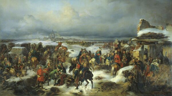 Картина художника Александра Коцебу Взятие крепости Кольберг в ходе Семилетней войны