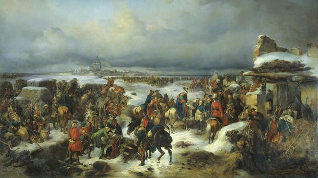 Картина художника Александра Коцебу Взятие крепости Кольберг в ходе Семилетней войны