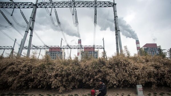 Мужчина проезжает мимо угольной электростанции Shanghai Waigaoqiao Power Generator Company в Шанхае, Китай 