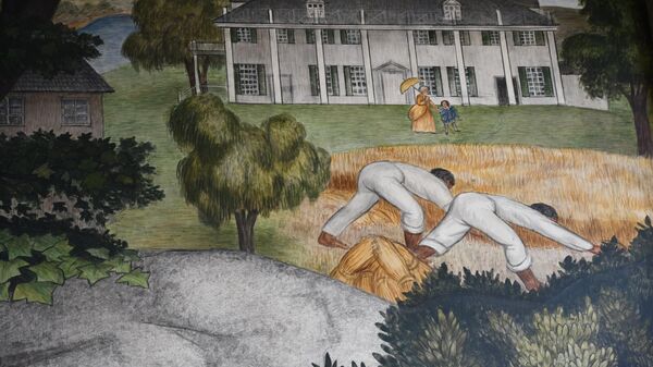 Темнокожие рабы трудятся на плантации Джорджа Вашингтона, фреска работы Виктора Арнаутова