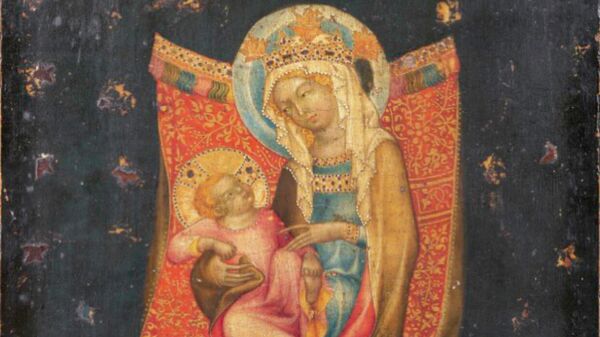 Икона Мастера Вышебродского алтаря Мадонна с младенцем на троне