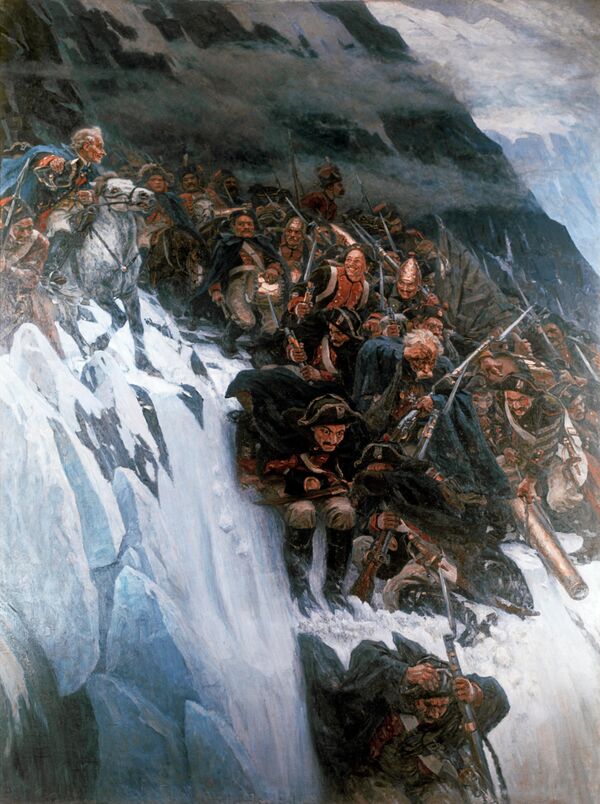 Репродукция картины Василия Сурикова Переход Суворова через Альпы