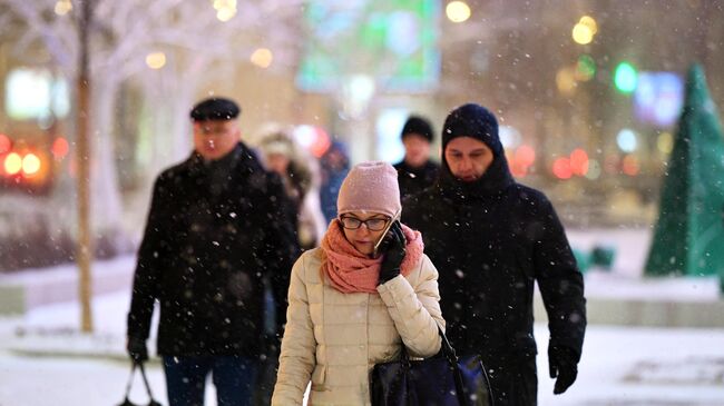 Прохожие во время снегопада в Москве