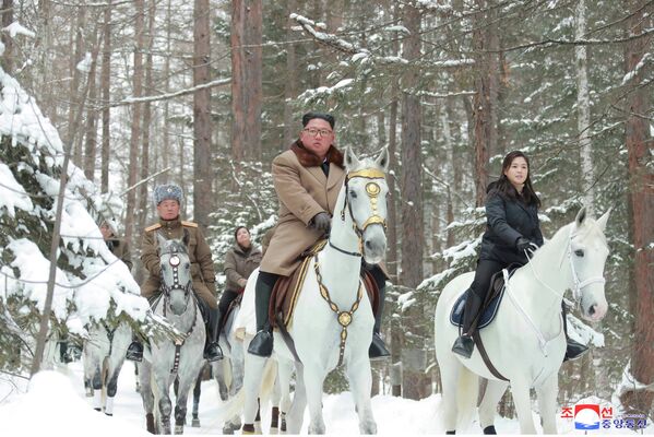 Глава КНДР Ким Чен Ын поднимается на белом коне на священную гору Пэктусан