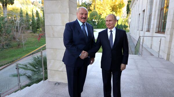 Президент России Владимир Путин во время встречи с президентом Белоруссии Александром Лукашенко в Сочи