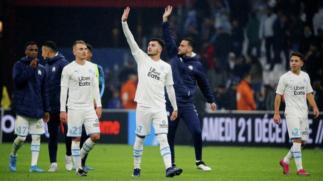 Soccer Football - Ligue 1 - Olympique de Marseille v Bordeaux - Orange Velodrome, Marseille, France - December 8, 2019   Olympique de Marseille's Nemanja Radonjic celebrates after the match     REUTERS/Jean-Paul Pelissier