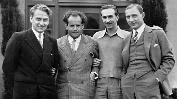 Directors Grigory Alexandrov, Sergei Eisenstein, animation director, artist and producer Walt Disney, cameraman Eduard Tisse, June 1930