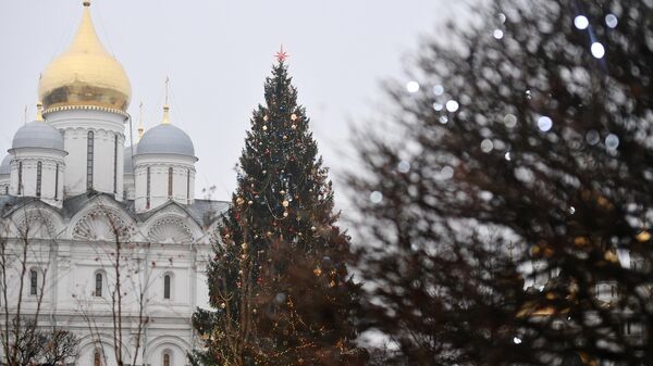 Украшение новогодней елки на Соборной площади Кремля