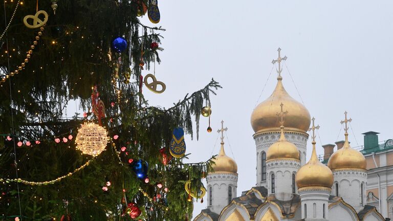 Украшение новогодней елки на Соборной площади Кремля