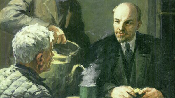 Репродукция картины В.И. Ленин у рабочих путиловцев в ночь на 29 октября 1917 года работы художника Юрия Белова